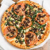 Mediterranean Pizza · Sliced tomato, spinach, olives and feta.