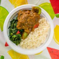 Curry Goat · Caribbean style curry goat. Served with rice and fried plantain.