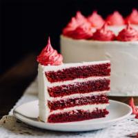 Red Velvet Cake · Traditional, moist, red velvet cake with a hint of cocoa and a classic cream cheese frosting.