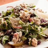Gorgonzola · Mixed greens, raspberry vinaigrette, candied walnuts, gorgonzola, roasted pears, and dried c...