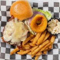 Bistro Burger · 1/2 lb juicy burger topped with sauteed onions, mushrooms, apple wood bacon, melted Swiss ch...