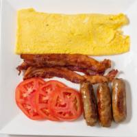 Low Carb Omelette · Cheese omelette served with 3 sausage links, 3 strips of bacon and 3 slices of fresh tomatoe...