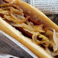 South Philly Dawg · Sharp provolone, spicy mustard, and sauteed onion.
