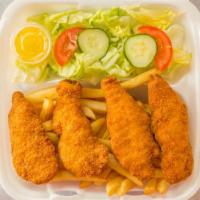 Chicken Fingers Dinner · Served with French fries, garden salad & duck sauce.