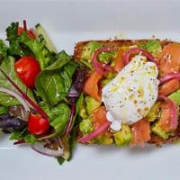 Avocado Toast · Smashed avocado, olive oil, pickled red onion, poached egg, everything spice, served with a ...