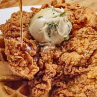 Chicken And Waffles · Twice-dipped buttermilk fried chicken breast topped with herb butter and warm vanilla bean s...