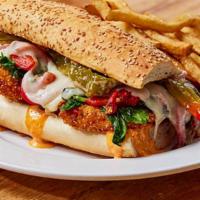 Mel'S Chicken Cutlet Sandwich · Cornmeal crusted cutlet topped with sauteed spinach, red peppers, provolone cheese, red pepp...