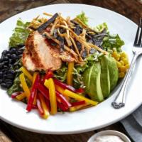 Buffalo Chicken Cobb Salad · Romaine tossed with bell peppers, black beans, jalapenos, corn, pepper jack cheese, avocado ...
