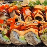 Godzilla Roll · (in)deep fried spicy tuna,avocado 
(out)chef’s special sauce