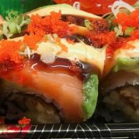 Lion King Roll · (in)eel,cucumber and avocado 
(out)salmon,avocado,eel sauce,spicy mayo & masago