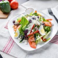 Greek Salad · Romaine lettuce, red peppers, cucumbers, hard-boiled egg, diced tomatoes, Kalamata olives an...