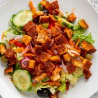 Buffalo Chicken Salad · Fried chicken, roasted peppers, grape tomatoes, spring mix and romaine, cucumbers, red onion...
