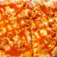Buffalo Chicken Pizza · Diced pieces of buffalo chicken cutlets with buffalo sauce drizzled on top.