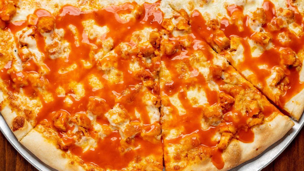 Buffalo Chicken Pizza · Grilled chicken, hot sauce, crumbled blue cheese and mozzarella.