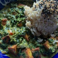 Palak Paneer · spinach curry, fresh farmer's cheese, brown rice & side of raita