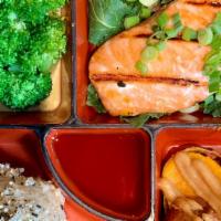 Salmon Bento · grilled salmon & yuzu sauce, sweet potatoes & miso sauce, broccoli & orange fennel vinaigret...