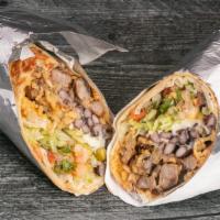 Burrito Tex-Mex · Hand held burrito, filled with your choice of meat, rice, black beans, grated cheese, lettuc...