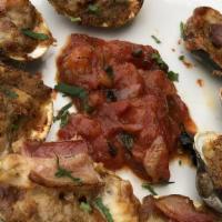 Clams Casino · Gluten free. 6 top neck clams topped with blend of peppers, onions , bacon and provolone ser...