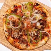 Steak Bomb Specialty Pizza · Shaved steak, peppers, onions and mushrooms.