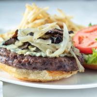 Bistro Burger · 100% chuck burger, gorgonzola cheese, sautéed mushrooms, grilled onions.