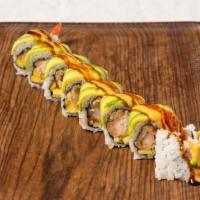 Monkey Roll · Shrimp tempura, mango topped with avocado, served with 3 different kinds of chef's special s...