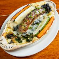 White Pudding Sassitch And Mash · Chicken sausage, golden mashed potato, courgette, kale, carrots w/mustard, onion, and sage g...