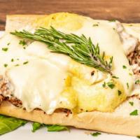 Cheesesteak & Eggs · Steak and eggs in long roll with mayo.