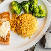 Grilled Salmon · Served with rice, broccoli, and lemon cream sauce.