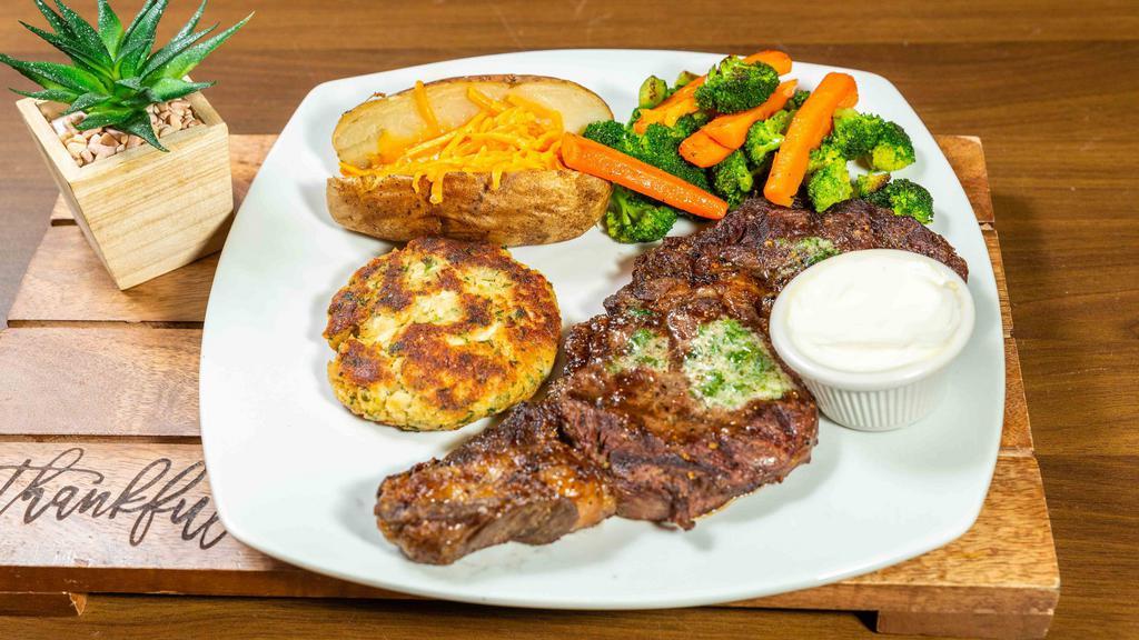 Grilled Ribeye Steak · 12oz hand-cut ribeye steak, grilled to perfection and served with your choice of potato and vegetable.