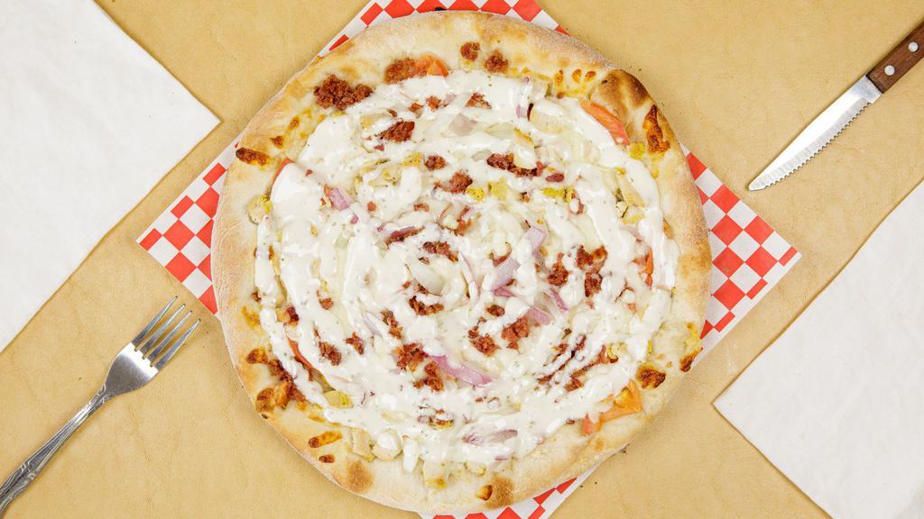 Chicken Bacon Ranch · (Baked chicken breast, bacon, over ranch dressing with tomatoes, onions and mozzarella cheese. White pizza).