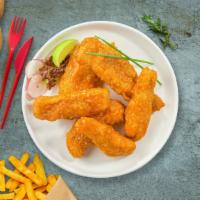 Buffed Up Buffalo Tenders · Chicken tenders breaded and fried until golden brown before being tossed in buffalo sauce.