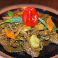 Thai Spicy Beef With Basil · Spicy. Sliced beef, Thai chili, onion, basil, snow peas, water chestnuts, and kaffir lime le...