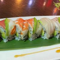 Rainbow Roll · California roll, topped with tuna, salmon, whitefish, shrimp, and avocado, and spicy cream s...