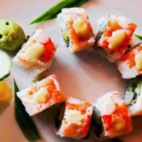 Ninja Turtle Roll · Eel and cucumber roll topped with shrimp and wasabi mayonnaise sauce.