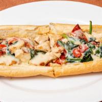 Chicken And Spinach Sandwich · Marinated chargrilled chicken with sauteed fresh spinach, roasted peppers and provolone chee...