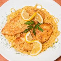 Chicken Francese · Lemon, butter and white wine sauce. Served with salad, garlic bread and a choice of pasta.