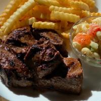 Steak Tips · House marinated tips served with Mac Salad & handout fries
