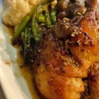 Roasted Chicken · roasted chicken, mashed potatoes, green beans & mushroom pan jus