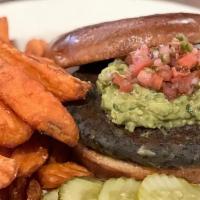 Veggie Burger · our hand-made  broccoli, roasted pepper, black bean patti, guac, pico de gallo, pickles, bri...