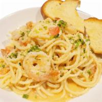 Shrimp Scampi · Shrimp , grape tomato, baby spinach, garlic-wine