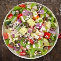 Seek A Greek Salad  · Fresh lettuce, feta cheese, cucumber, tomatoes, banana peppers, green peppers, Kalamata oliv...