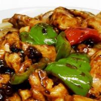Chicken With Black Bean Sauce · Hot and spicy. Served with white rice.