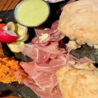 Country Ham & Pimento Cheese Crudité · Col. Newsom’s Ham, House Pickles, Buttermilk Biscuits, Green Goddess.