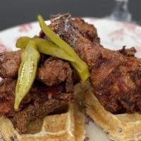 Chicken & Waffles · Legs & Thighs, Bourbon Maple Syrup, Pickled Okra, Aged Manchego.