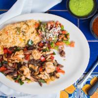 Mar Y Tierra (Surf & Turf) · steak, chicken, shrimp, red peppers, poblano pepper, onion, pico de gallo, and rice.