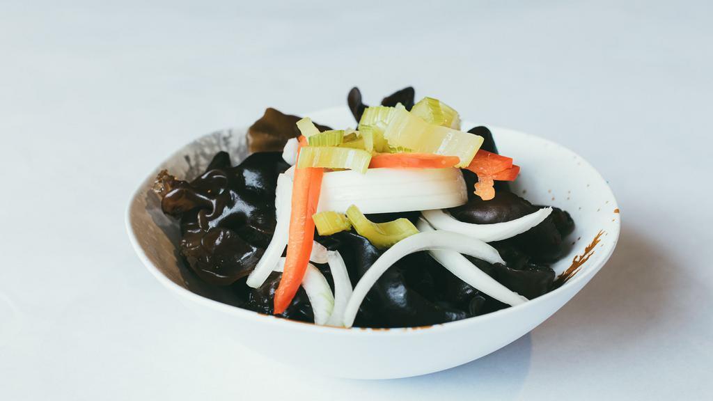 Mushroom Salad * · Vegan. Black fungi and onions in homemade light sesame sauce.