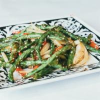 Fried Green Beans * · Vegan. Dry-fried green beans with chili peppers and onions, and sprinkled with sesame oil an...