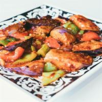 Fried Eggplant * · Vegan, spicy. Eggplants braised with red and green peppers and onions.