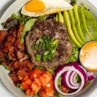 Burger Bowl · One-third burger, greens, tomato, onion, applewood bacon, and avocado topped with an over-ea...