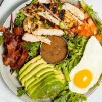 House Salad · Vegetarian. Greens, tomato, bacon, avocado, grilled chicken, over easy egg, chihuahua cheese...